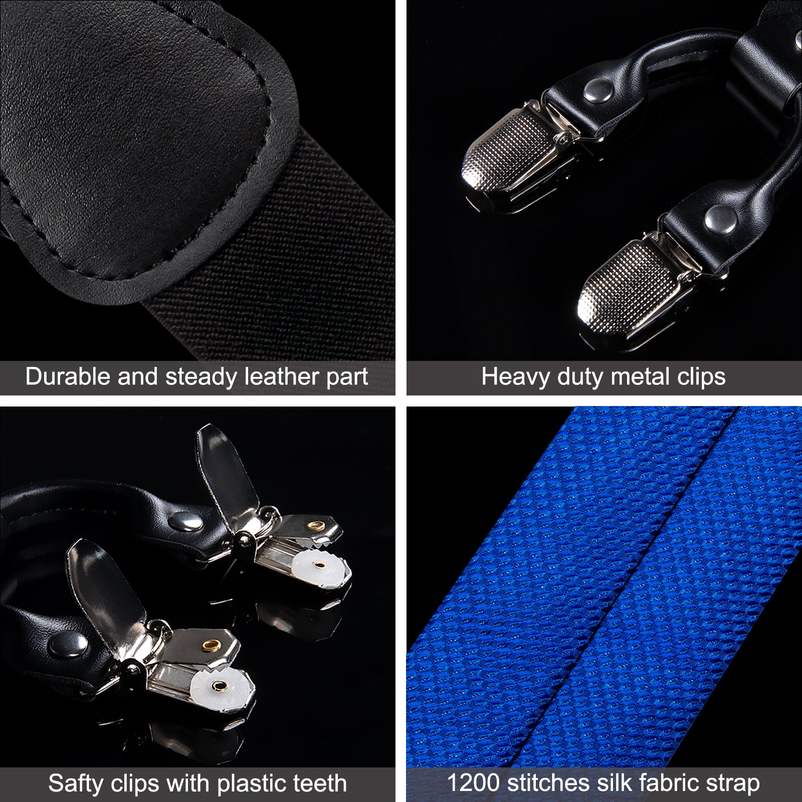 Blue Solid Brace Clip-on Men's Suspender with Bow Tie Set