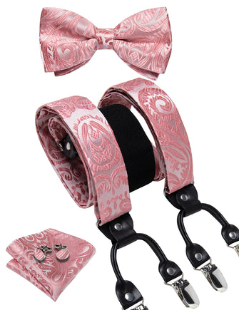 Pink Floral Brace Clip-on Men's Suspender with Bow Tie Set