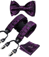 Black Purple Floral Brace Clip-on Men's Suspender with Bow Tie Set
