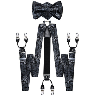 Black Silver Floral Brace Clip-on Men's Suspender with Bow Tie Set