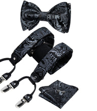 Black Silver Floral Brace Clip-on Men's Suspender with Bow Tie Set
