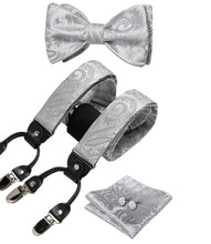 Silver Grey Floral Brace Clip-on Men's Suspender with Bow Tie Set
