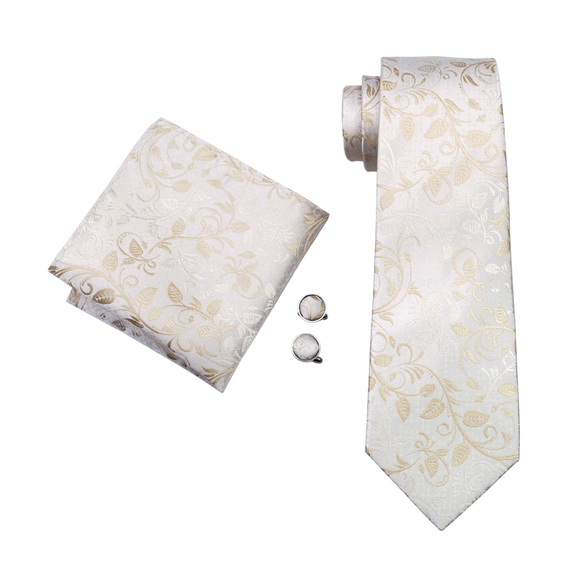 wedding Cream White floral pattern tie pocket square cufflinks set