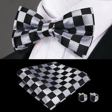 plaid black silver self-tied bow tie handkerchief cufflinks set