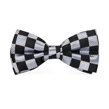 plaid black silver self-tied bow tie handkerchief cufflinks set