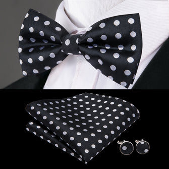 Black White Polka Dot Silk Bowtie Pocket Square Cufflinks Set for suit and shirt