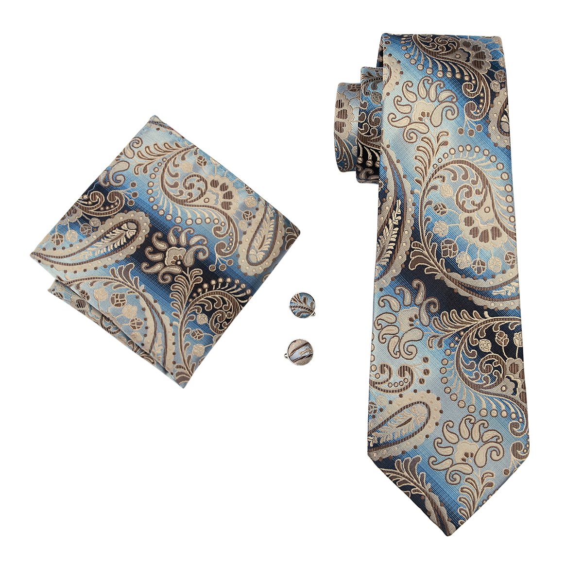 Blue Brown Paisley Bowtie Necktie Hanky Cufflinks Set (1955769385002)