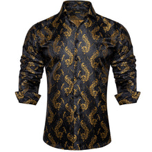 Dibangu Black Golden Paisley Silk Men's Button Up Slim-Fit Shirt