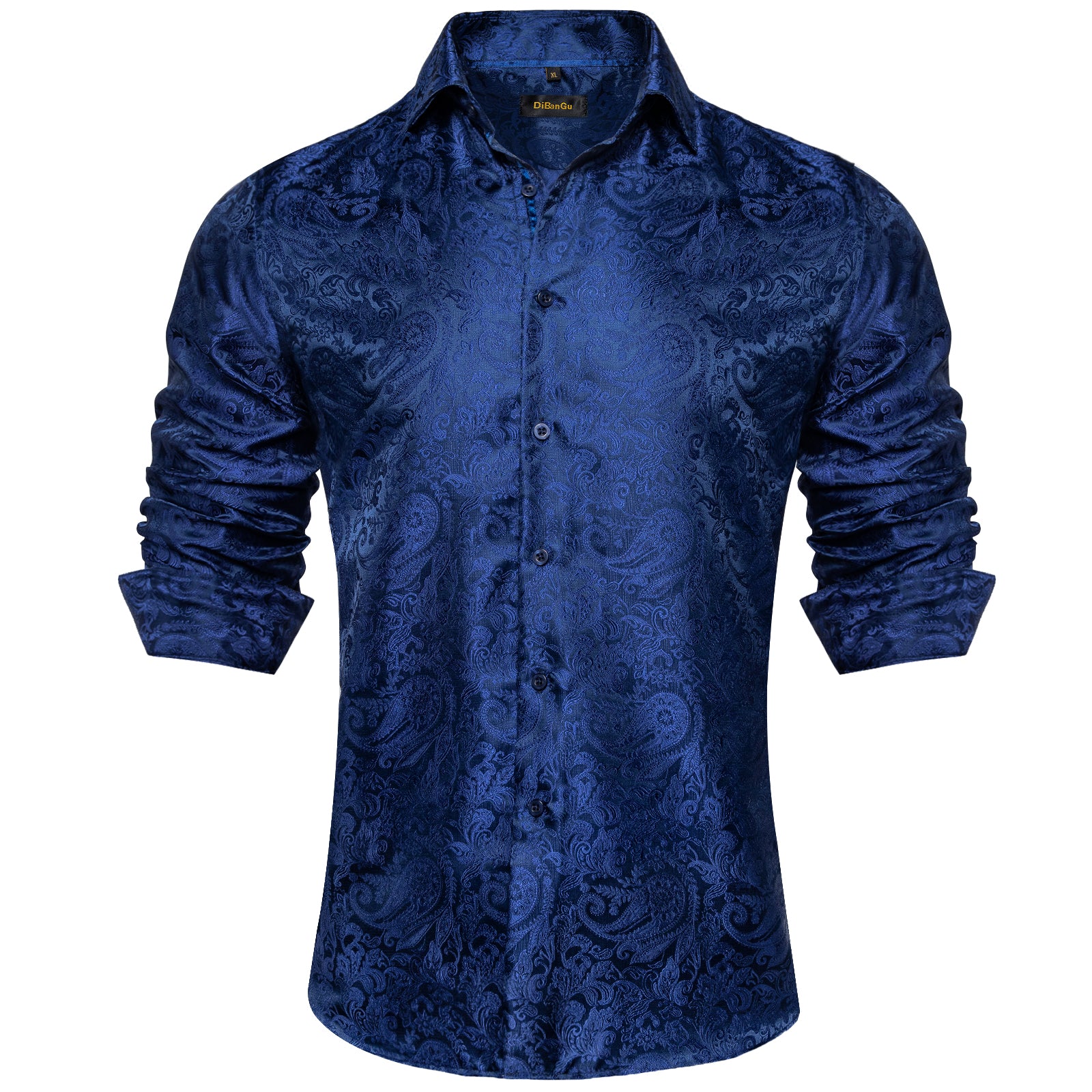 DiBanGu Mens Long Sleeve Shirt Navy Blue Paisley Button Down Silk Shirt, L DiBanGu Mens Long Sleeve Shirt Navy Blue Paisley Button Down Silk Shirt, L