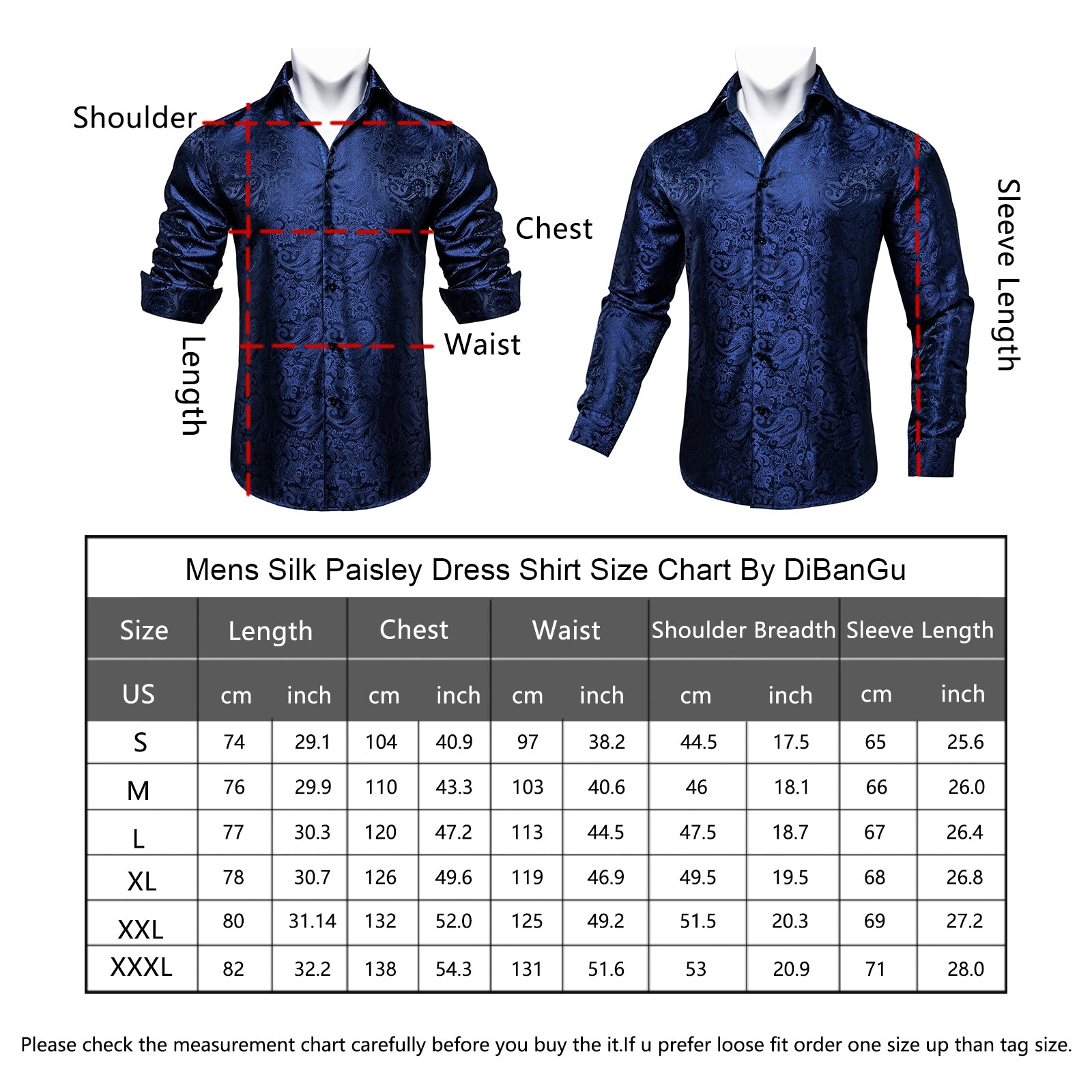 DiBanGu Mens Long Sleeve Shirt Navy Blue Paisley Button Down Silk Shirt, L