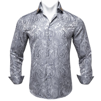 Dibangu Silver Floral Silk Men's Shirt with Collar Pin