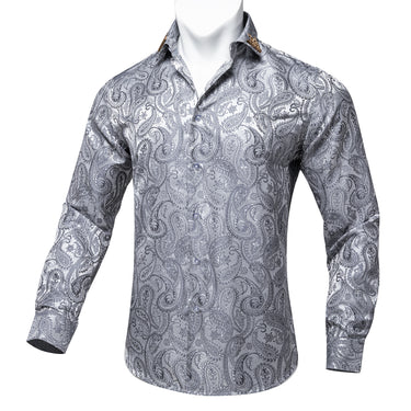 Dibangu New Silver Floral Silk Men's Shirt with Collar Pin