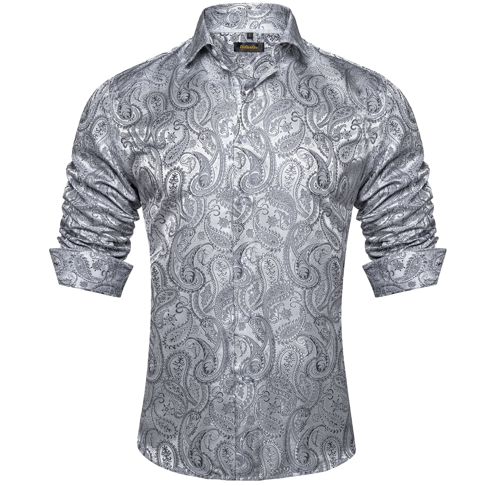DiBanGu Men's Long Sleeve Shirt Grey Paisley Button Down Silk Shirt, L DiBanGu Men's Long Sleeve Shirt Grey Paisley Button Down Silk Shirt, L