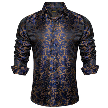 Dibangu New Blue Brown Floral Silk Men's Shirt – DiBanGuStore