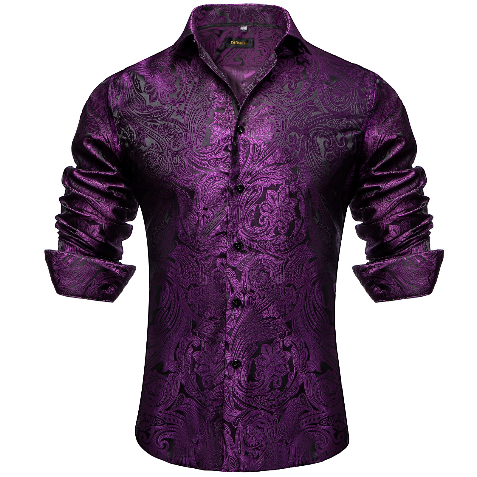 Dibangu Black Silk Paisley Men's Shirt, L / Purple Dibangu Black Silk Paisley Men's Shirt, L / Purple