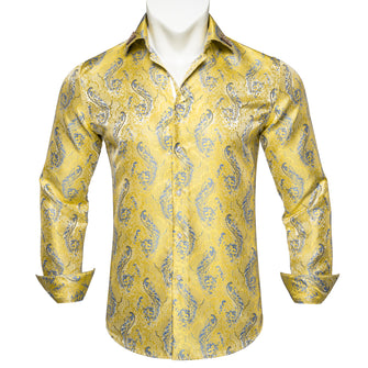 Dibangu Yellow Floral Silk Men's Shirt with Collar pin