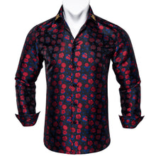 Dibangu Red Blue Floral Silk Men's Shirt with Collar Pin