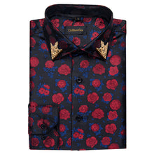 Dibangu Red Blue Floral Silk Men's Shirt with Collar Pin