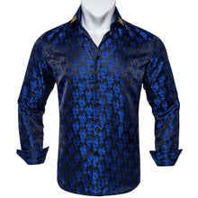 Dibangu Blue Floral Silk Men's Shirt with Collar Pin