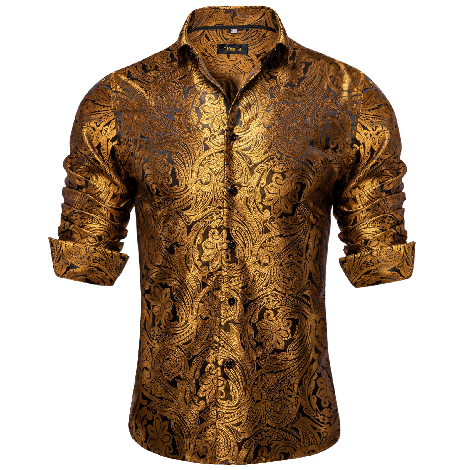 Dibangu Men's Shirt Golden Floral Silk Long Sleeve Shirt, L Dibangu Men's Shirt Golden Floral Silk Long Sleeve Shirt, L