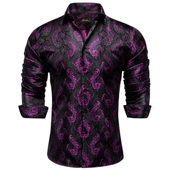 New Dibangu Black Purple Floral Polyester Men's Shirt