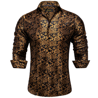 Dibangu Dark Golden Floral Polyester Men's Shirt