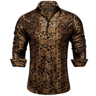 New Dibangu Dark Golden Floral Polyester Men's Shirt