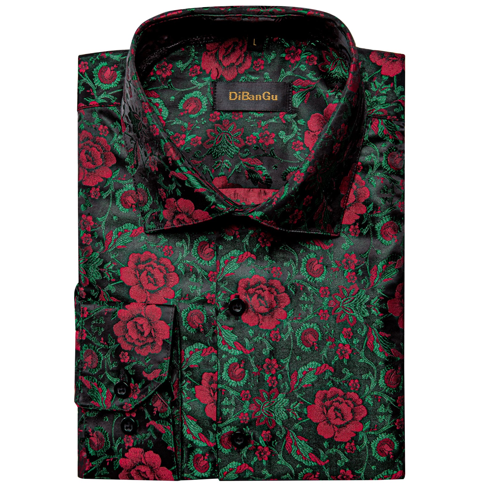 Dibangu Button Down Shirt Green Red Floral Men's Silk Shirt, M Dibangu Button Down Shirt Green Red Floral Men's Silk Shirt, M