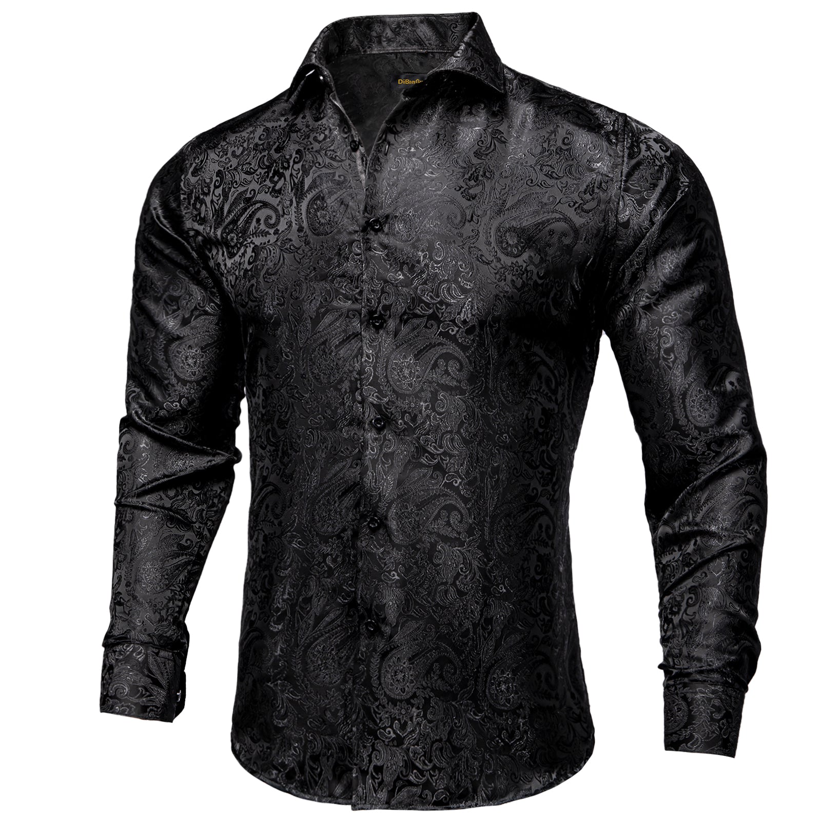 Dibangu Black Silk Paisley Men's Shirt, 3XL / Black Dibangu Black Silk Paisley Men's Shirt, 3XL / Black