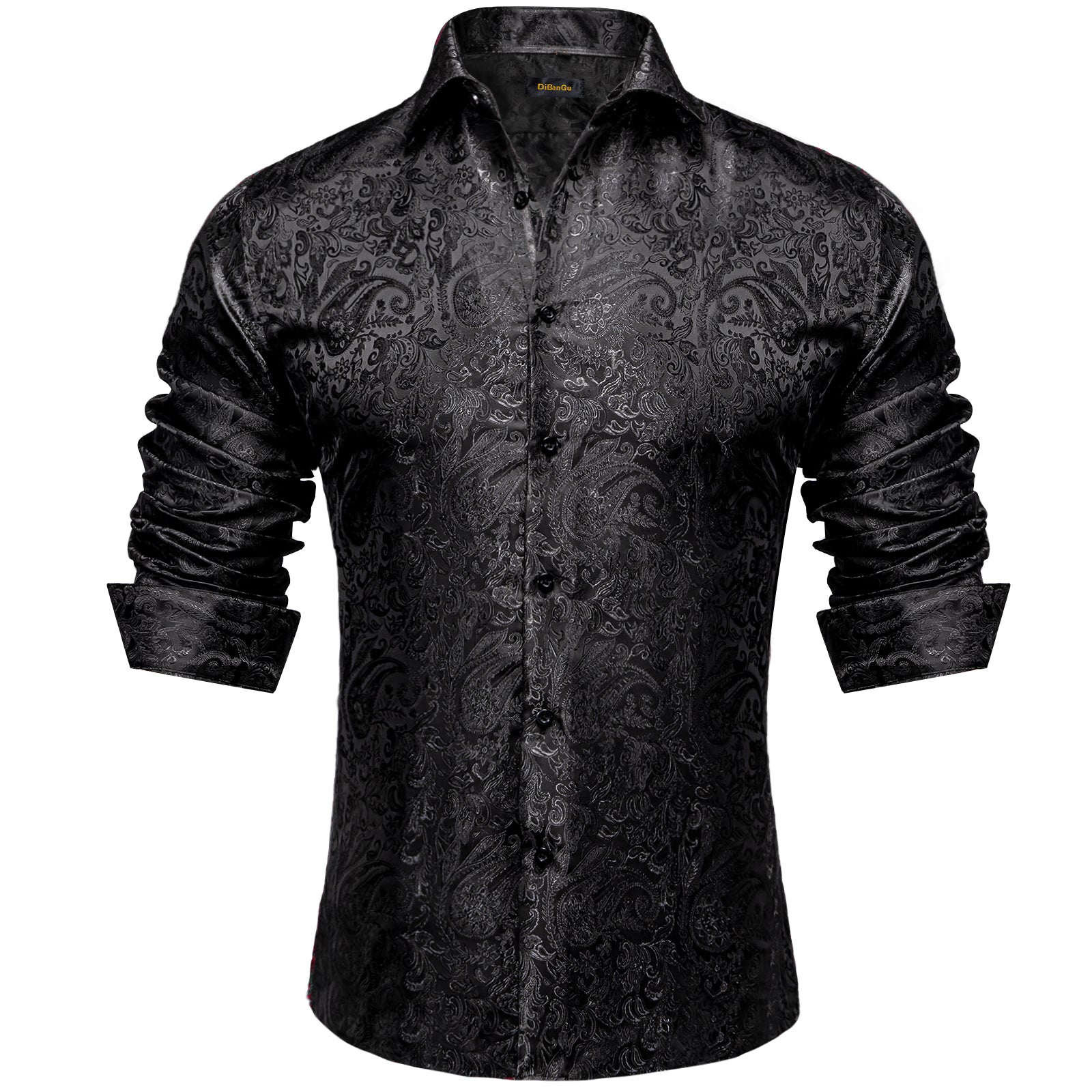 Dibangu Black Silk Paisley Men's Shirt, 3XL / Black Dibangu Black Silk Paisley Men's Shirt, 3XL / Black
