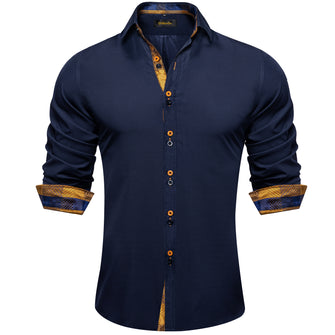 Indigo blue solid gold plaid Splicing mens silk shirt