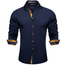 Indigo blue solid gold plaid Splicing mens silk shirt