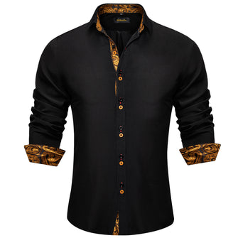 black solid gold paisley mens silk Button Down Long Sleeve shirt