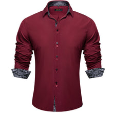 Burgundy Red grey paisley Splicing mens silk Button Down Long Sleeve Shirt 