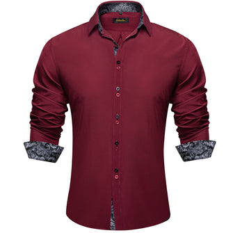 Burgundy Red grey paisley Splicing mens silk Button Down Long Sleeve Shirt 