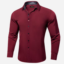 Burgundy Red grey paisley Splicing mens silk Button Down Long Sleeve Shirt 