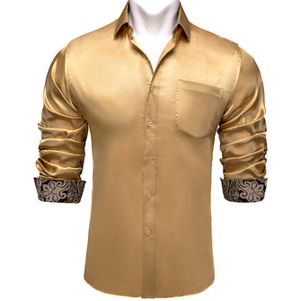 fashion business brown floral splicing gold champagne color dress shirt