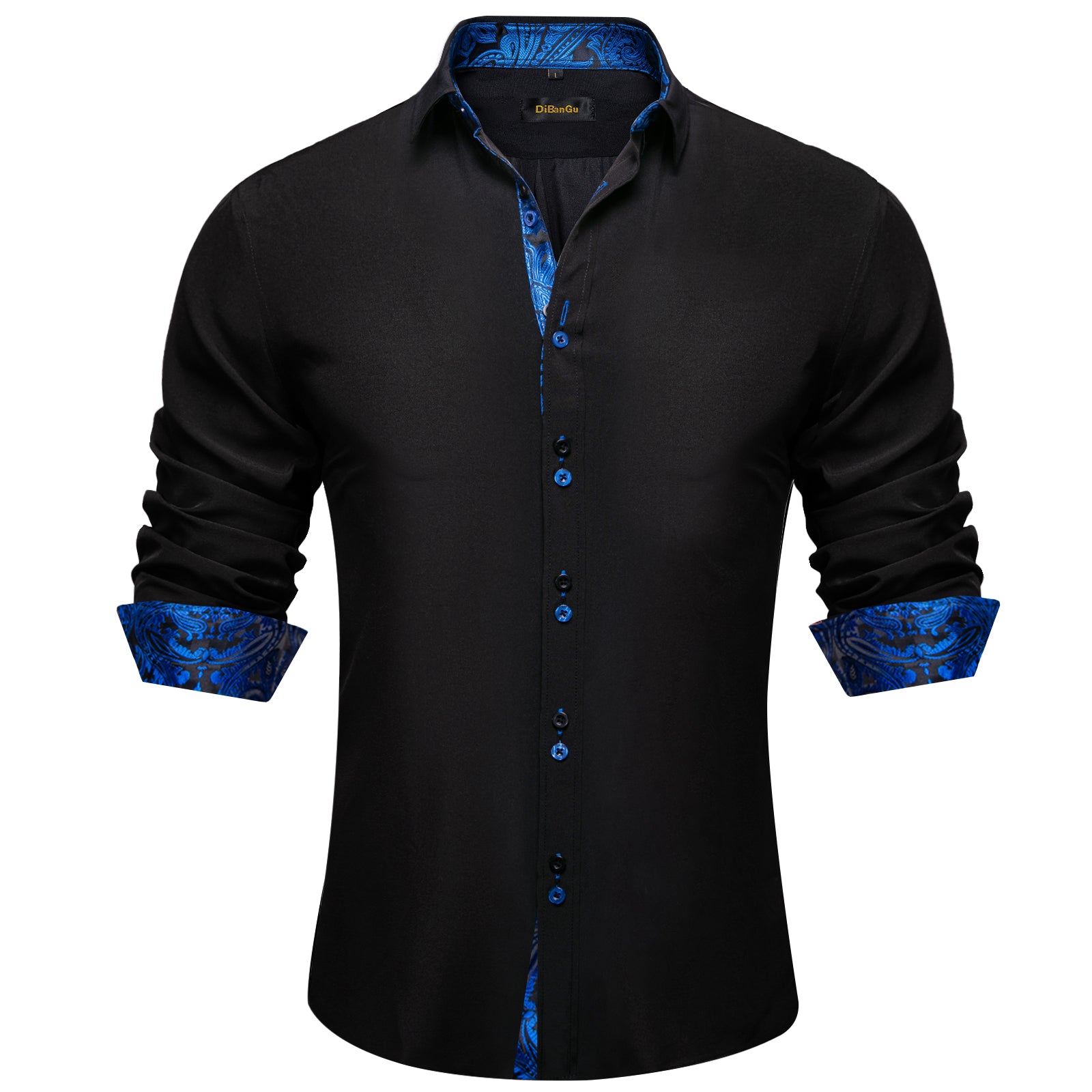 DiBanGu Silk Button Down Shirt Black Blue Splicing Long Sleeve Shirt For Men, M DiBanGu Silk Button Down Shirt Black Blue Splicing Long Sleeve Shirt For Men, M