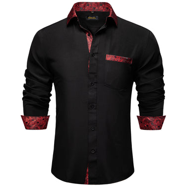 Dibangu Black Red Paisley Splicing Long Sleeve Shirt For Men