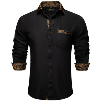 mens silk black solid gold paisley Button Down Shirt