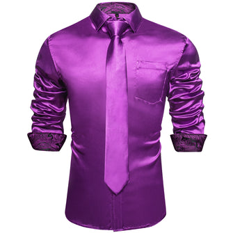 business deep purple solid silk mens button up shirt necktie set for dress suit top