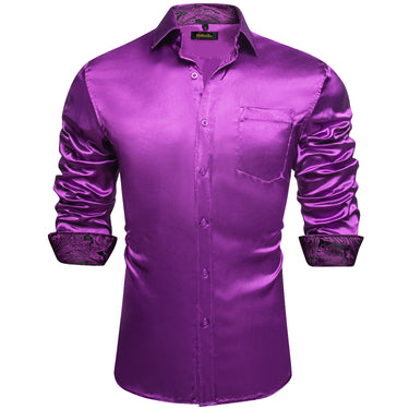 Dibangu Men's Purple Satin Floral Panel Dress Shirt