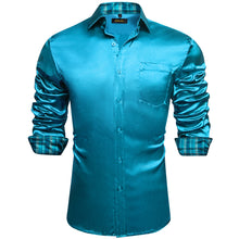 Dibangu Men's Teal Satin Lattice Panel Dress Shirt