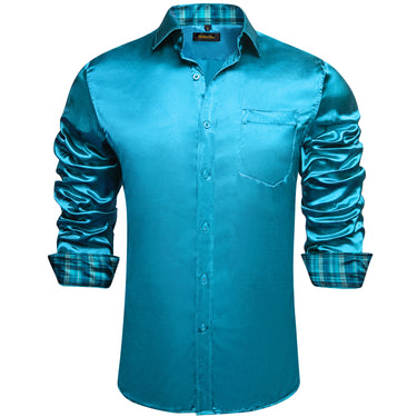 Dibangu Men's Teal Satin Lattice Panel Dress Shirt