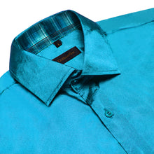 Dibangu Men's Teal Satin Lattice Panel Dress Shirt