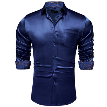 DiBanGu Men's Dark Blue Satin Floral Panel Dress Shirt DiBanGu Men's Dark Blue Satin Floral Panel Dress Shirt