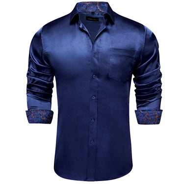 Dibangu Men's Dark Blue Satin Floral Panel Dress Shirt