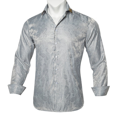 Dibangu Grey Silver Paisley Men's Silk  Long Sleeves Shirt with Collar Pin