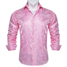 Dibangu Pink Paisley Men's Silk Long Sleeves Shirt with Collar Pin
