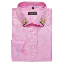 Dibangu Pink Paisley Men's Silk Long Sleeves Shirt with Collar Pin